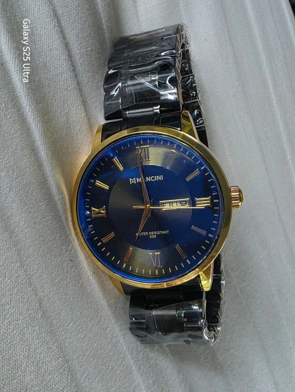 Mancini Men’s Blue Dial Gold Tone Quartz Watch Day/Date 30M Black Bracelet New